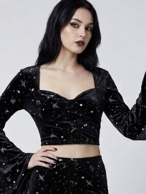 Disturbia Black Velour Celestial Sweetheart Neckline Crop Top Bell Sleeve Sz 12